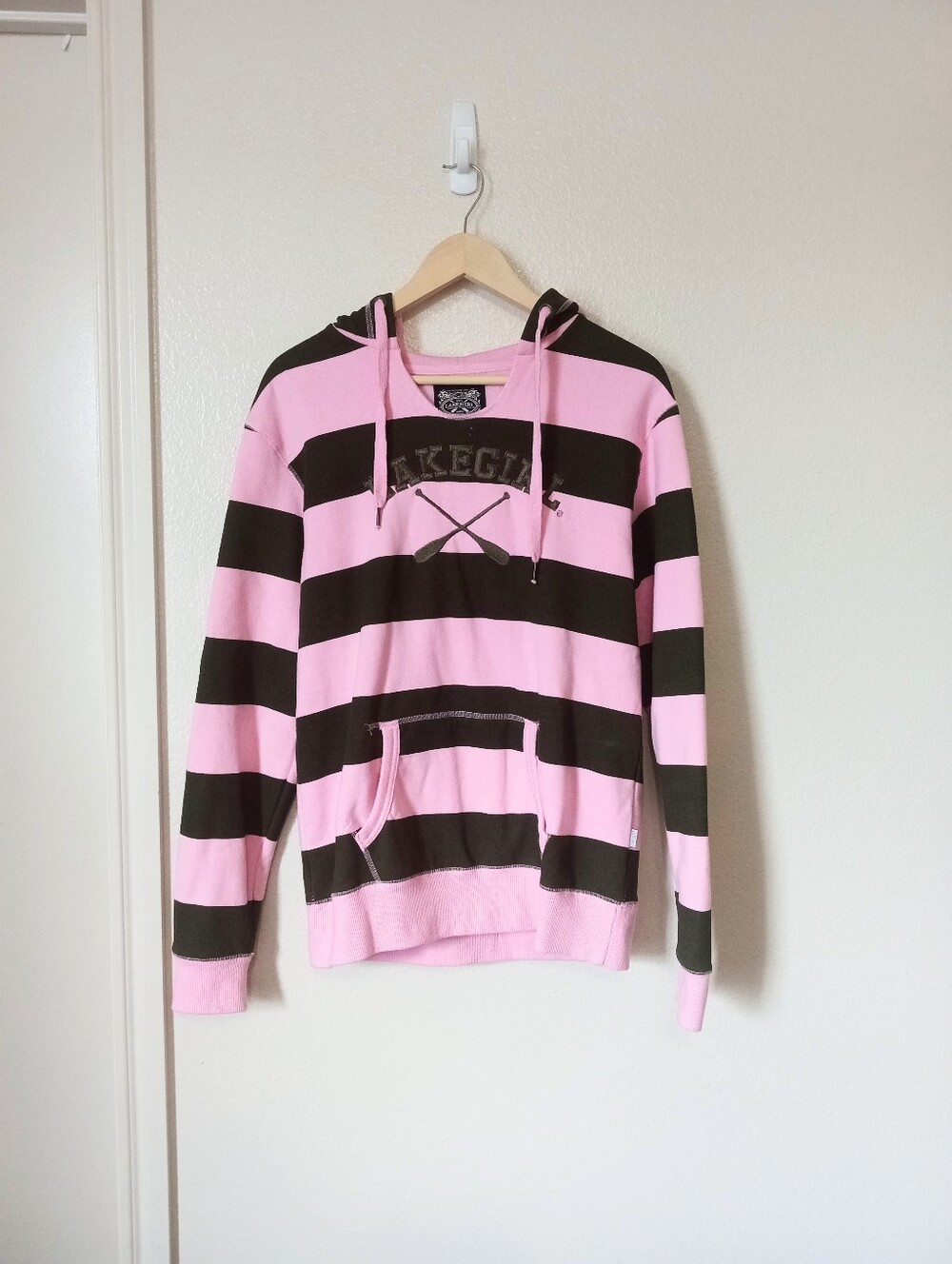 Lakegirl Striped Pink & Green Long Sleeve Drawstring Hoodie Sweatshirt
